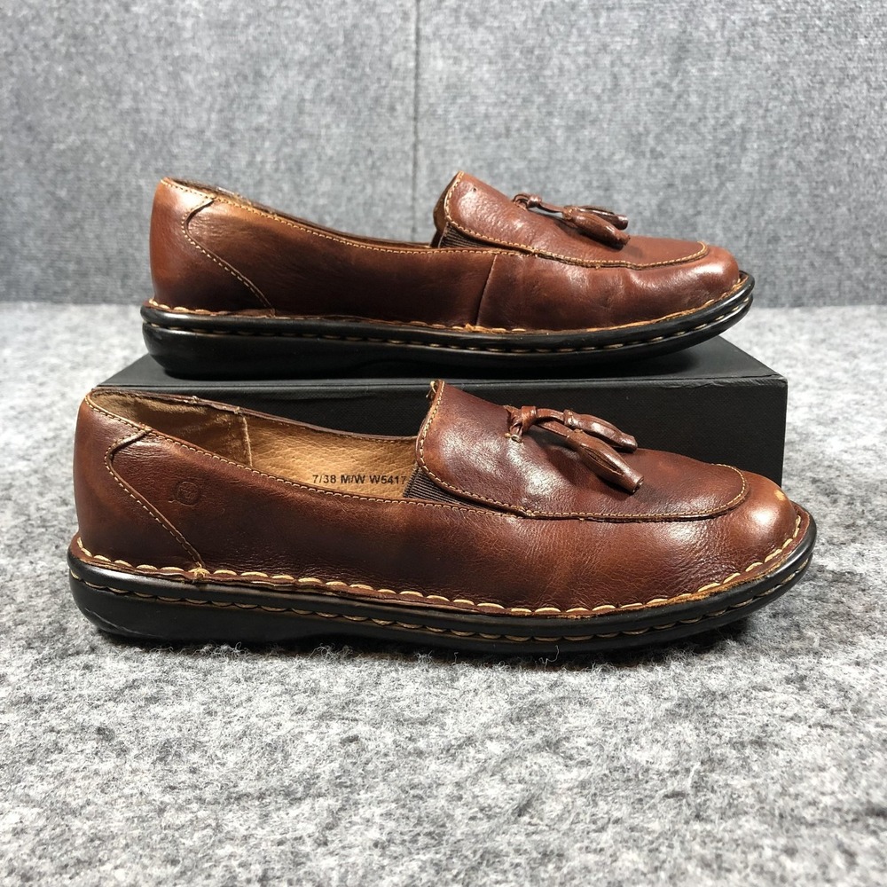 Born Womens 7 Brown Leather Tassel Loafers Slip On Comfort Flats - Picture 2 of 16